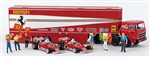 Brekina 58575 HO Fiat Semi Tractor w/Racing Trailer 2 Ferrari 312T2 & 6 Figures Assembled Ferrari Racing Italian Lettering