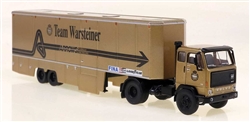 Brekina 85680 HO 1972 Volvo F89 Tractor with Racing Trailer Assembled Warsteiner *beige black German Lettering