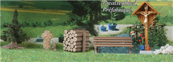 Busch 1148 HO Wayside Cross & Accessories Kit Laser-Cut Wood Bench Wood Pile Stone Foundling Stone Cross Rabbit & Small Spruce Tree