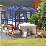 Busch 1828 HO Bratwurst Grill Stand Complete Miniature Scene Kit Grill Canopy 4 Tables 7 Benches Signboard Unpainted Grill Master Figure