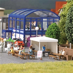 Busch 1828 HO Bratwurst Grill Stand Complete Miniature Scene Kit Grill Canopy 4 Tables 7 Benches Signboard Unpainted Grill Master Figure