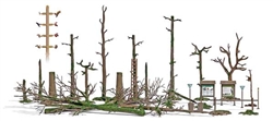 Busch 1852 HO Coarse Woody Debris 3 Trunks, 13 Bare Trees, 7 Stumps, Signs, 2 Trash Cans, Small Animals