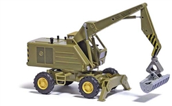Busch 42899 HO 1974 Weimar Mobilbagger T174-2 Rubber-Tired Construction Crane Assembled With Clearing Bucket