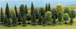 Busch 6489 Mixed Forest Trees pkg 30 12 Deciduous: 2-3/4 to 4-15/16"; 18 Pine: 2-3/8 to 5-5/16"