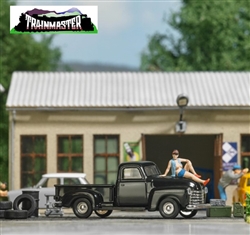 Busch 79812 HO Female Model on Pickup Action Set 1950 Pickup, Posing Partially Nude Model, Tires, Drum, Cart, Totes