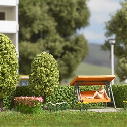 Busch 79827 HO Garden Swing Action Set Garden Swing Nude Woman 2 Trees 24 Flowers Patio Floor Watering Can