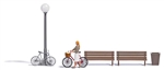 Busch 7997 HO Shopping for Veggies Action Set 2 Benches Garbage Can Figure 2 Bicycles Nonworking Park Light