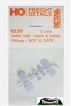 Detail Associates 6220 HO Tank Car Parts Hatch & Safety Fittings ACF & GATX Styles Pkg 10