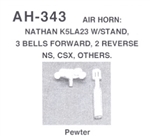 Details West 343 HO Air Horn Nathan K5LA23 w/Stand 3 Bells Forward, 2 Reverse; For NS, CSX & Others