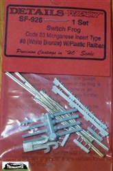 Details West 926 HO Code 83 Switch Frog Set w/Plastic Railbars & Pewter Guard Rails #8 Manganese Insert Type