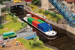 Faller 131013 HO River Freight Boat with Containers Kit Water-Level Kit Includes Boat & 6 20' Containers