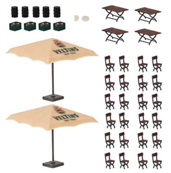Faller 180437 HO Beer Garden Set Veltins 2 Umbrellas 4 Tables 24 Chairs 4 Crates 5 Barrels