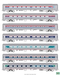 Kato 1061051 N Amfleet 1 Coach 7-Pack with Interior Lights Amtrak 1 Each of All Phases of Paint Schemes