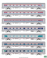 Kato 106-105 N Amfleet 1 Coach 7-Pack Amtrak 1 Each of All Phases of Paint Schemes