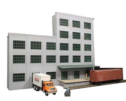 Lunde QBHODH5 HO 5-Story Building w/2 Overhead Doors Loading Dock & Covered Dock Keyrail Background Building Kit Includes 20 Double-Hung Windows