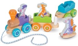 Melissa & Doug 4608 First Play Wooden Rocking Farm Animals Pull Train Loco with Pull Cord 2 Cars 3 Animals
