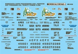 Microscale 604123 N Railroad Decal Set Covered Hoppers Minnesota Corn Processors Trinity Power Flow ACF Pressure Aid 1994+