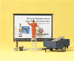Preiser 10526 HO Working People Worker On Ladder, Putting Up Poster, Hoarding, Trailer