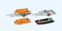 Preiser 17312 HO 3 Rubber Dinghy Boats and Two Trailers