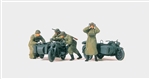 Preiser 72539 1/72 Former German Army WWII Motorcycle Troops Unpainted 2 Zundapp KS 750 Cycles w/Sidecars 3 Figures Pushing & 1 Standing w/Binocul