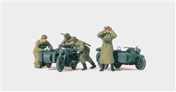 Preiser 72539 1/72 Former German Army WWII Motorcycle Troops Unpainted 2 Zundapp KS 750 Cycles w/Sidecars 3 Figures Pushing & 1 Standing w/Binocul