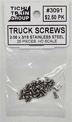 Tichy 3091 HO Stainless Steel Truck Screws for HO Freight Cars Self-Tapping 20486 x 3/16" pkg 25    