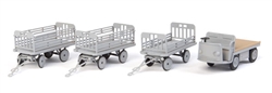 Walthers 4141 HO Baggage Tractor and Trailers Plastic Kit Non-Powered Tractor and 3 Trailers Gray