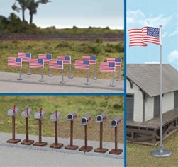 Walthers 4166 HO American Flags and Mailboxes 11 Post-1959 Flags 8 Mailboxes